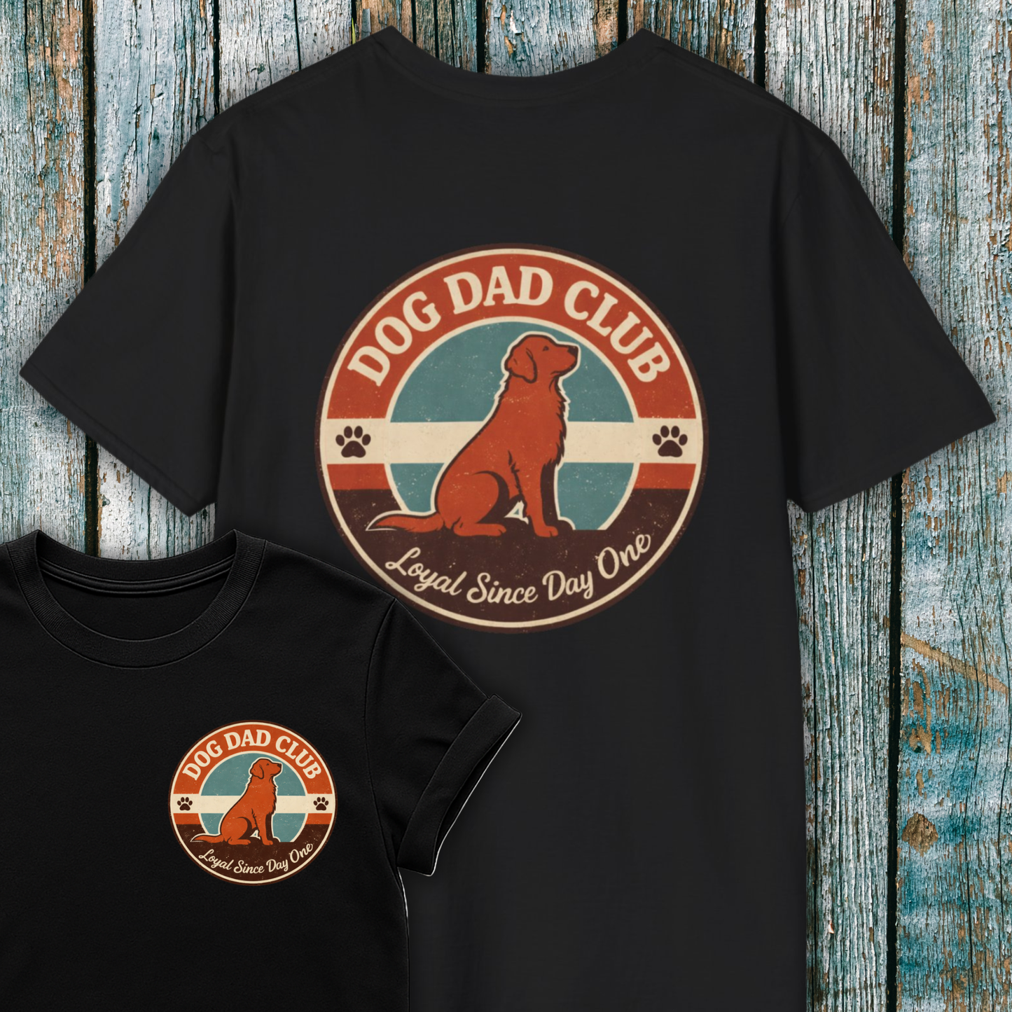 Black t-shirt with 'Dog Dad Club' graphic on a wooden surface