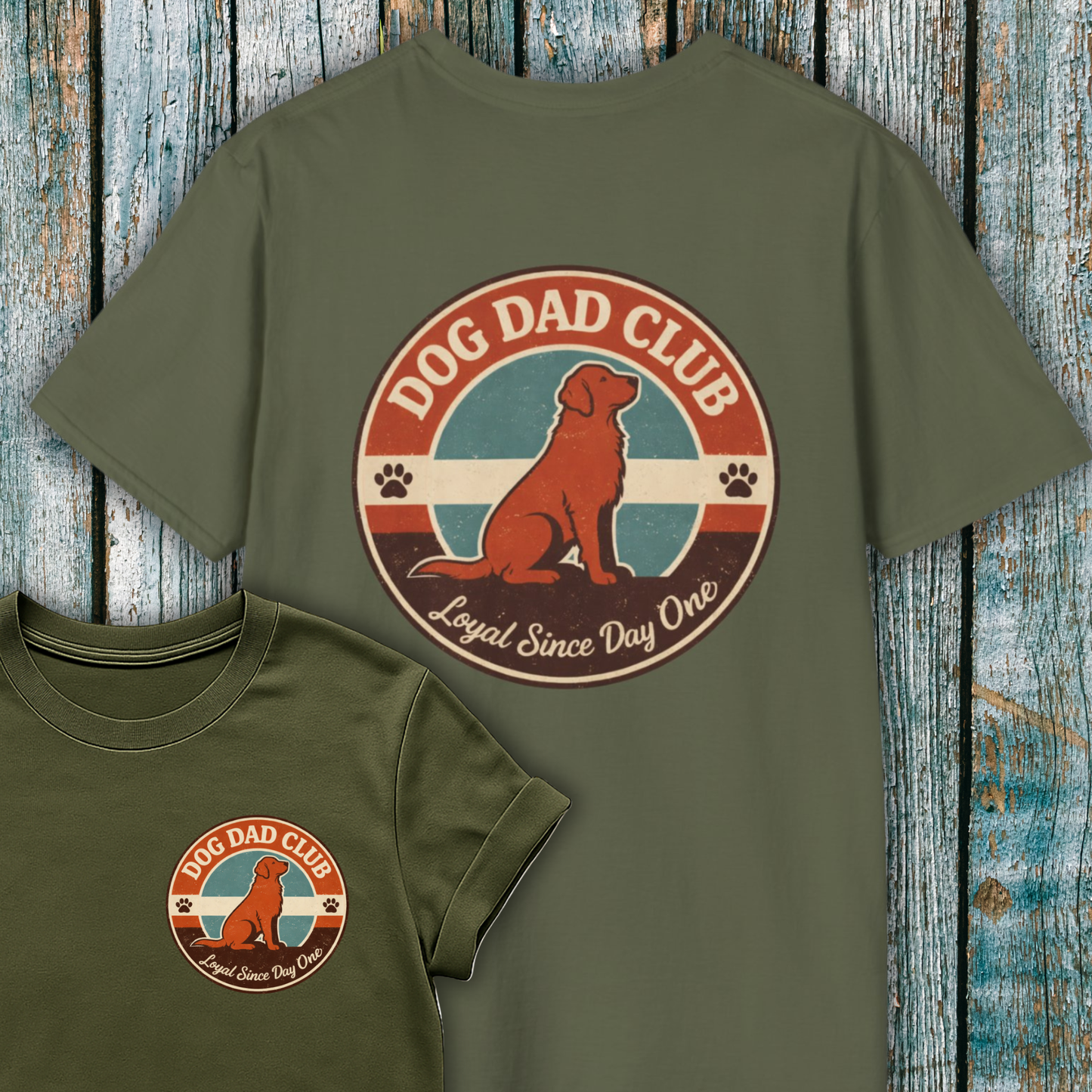 Green t-shirt with 'Dog Dad Club' graphic on a wooden background
