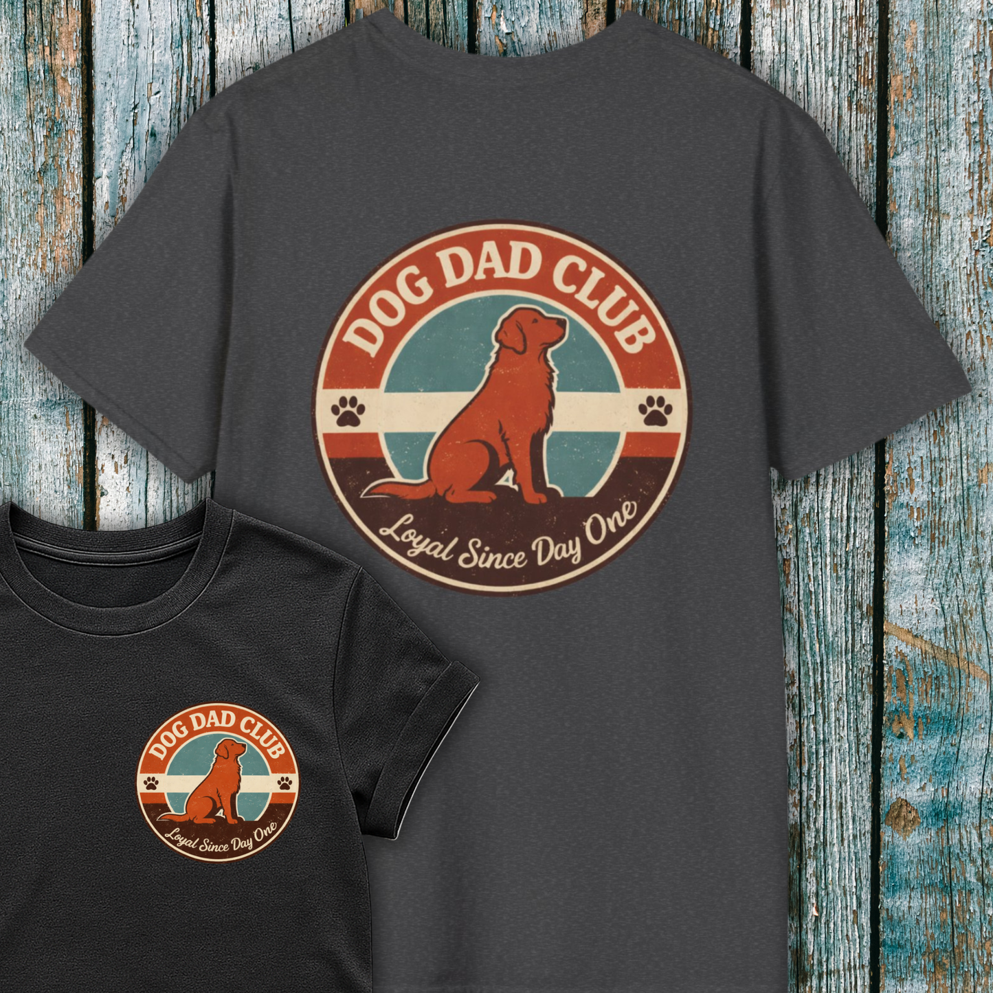 Dark Gray t-shirt with 'Dog Dad Club' graphic on a wooden surface