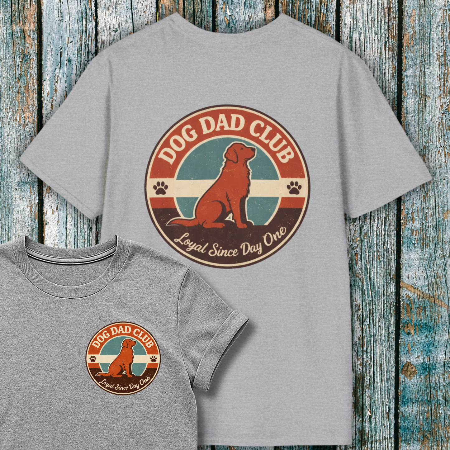 Gray t-shirt with 'Dog Dad Club' graphic on a wooden background