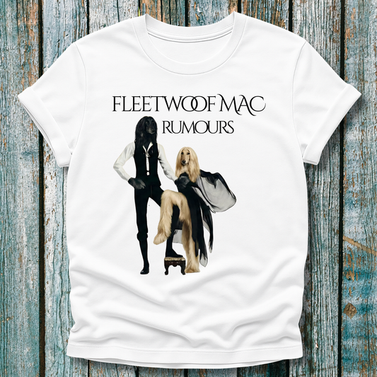 White t-shirt with Fleetwoof Mac 'Rumours' album cover design on a wooden background