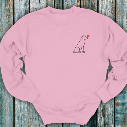 Pink sweatshirt with a Labrador dog and heart design on a wooden surface