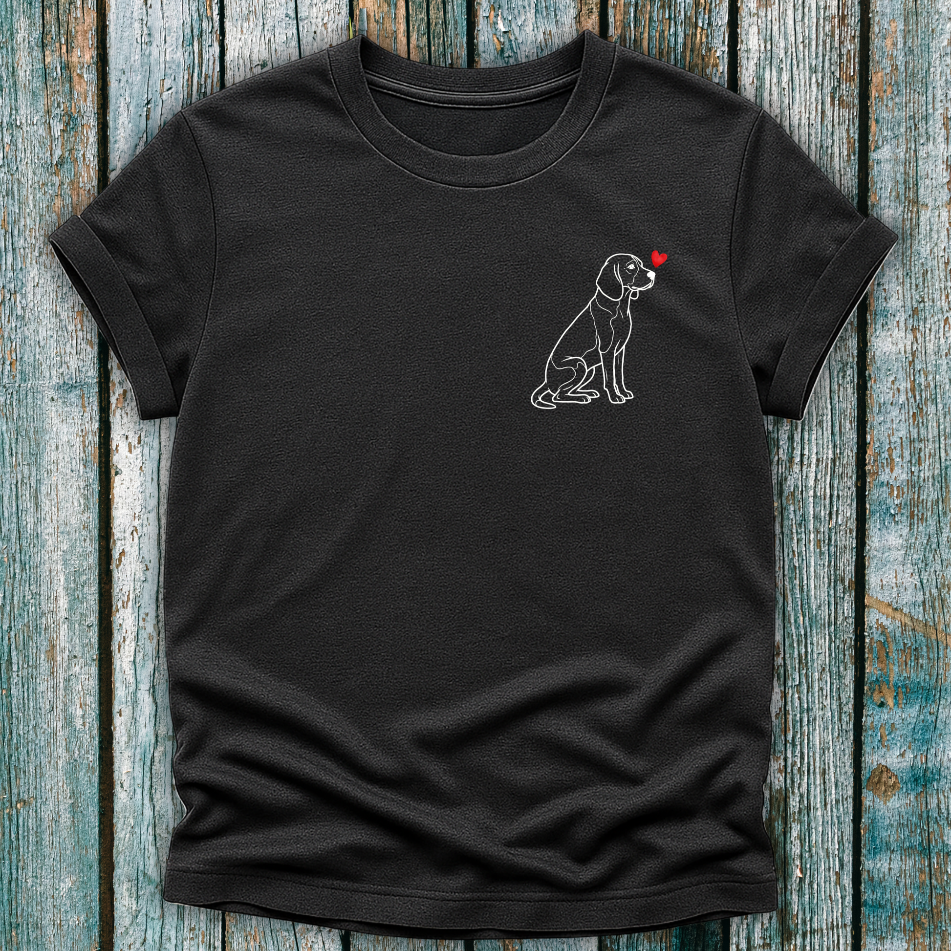 Dark Gray t-shirt with a beagle dog graphic and a love heart on a wooden surface