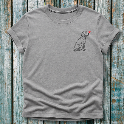 Gray t-shirt with a beagle dog graphic and a love heart on a wooden surface