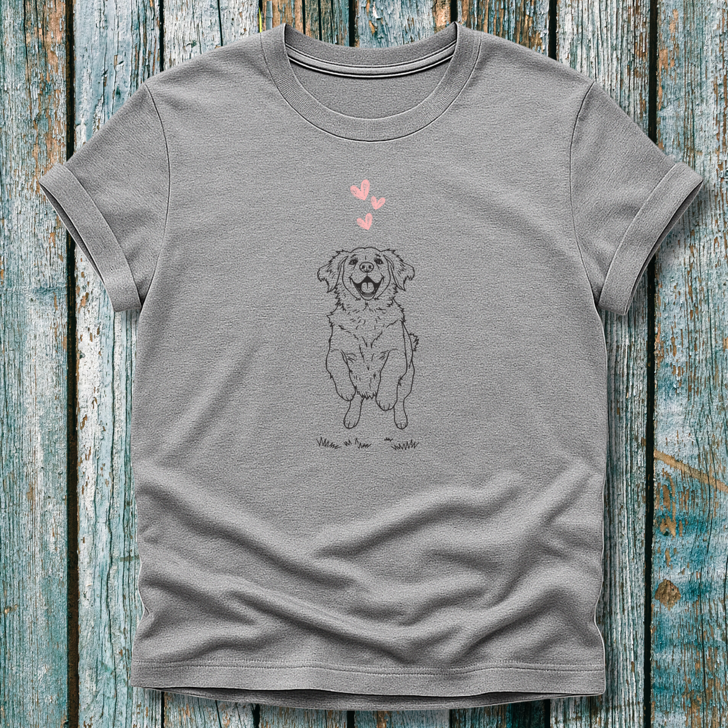 Cute Puppy Illustration T-Shirt with Pink Hearts